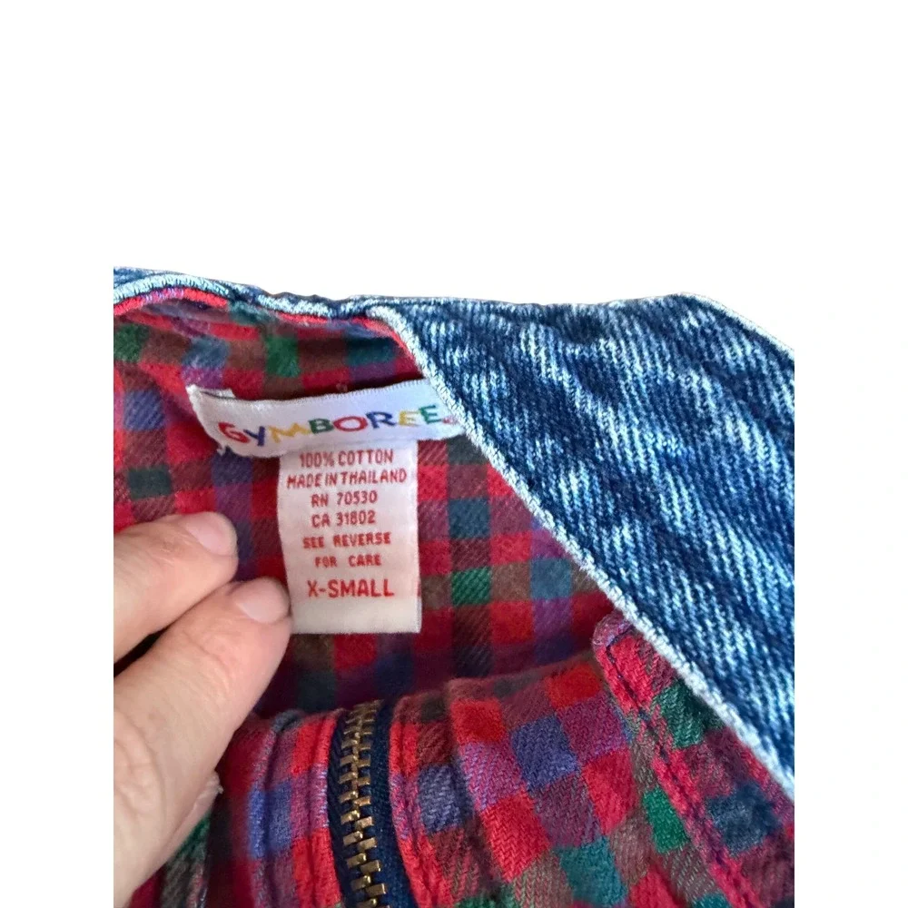 Gymboree Vintage Kids Blue Denim Quilted Overalls Plaid Lined Car Patch XS